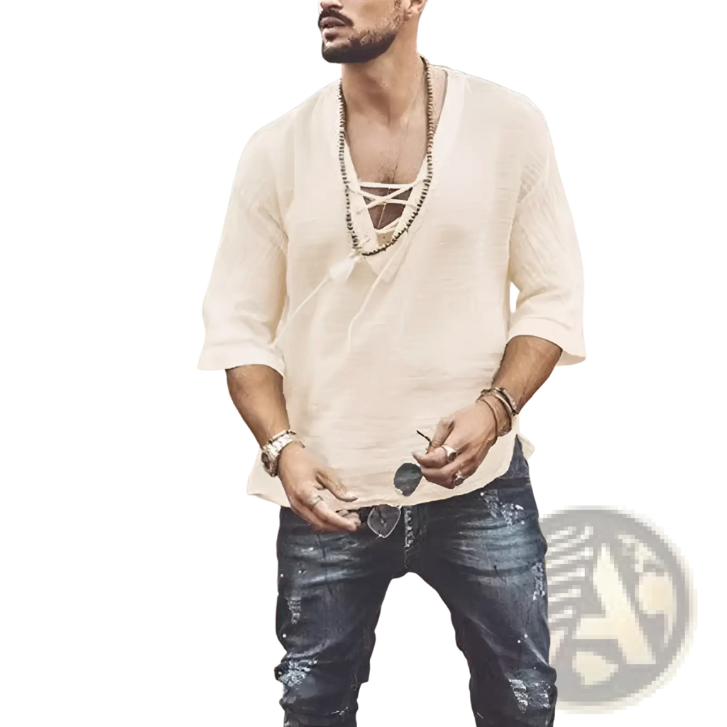 A cream-colored textured linen v neck shirt featuring a loose fit and lace up front detail