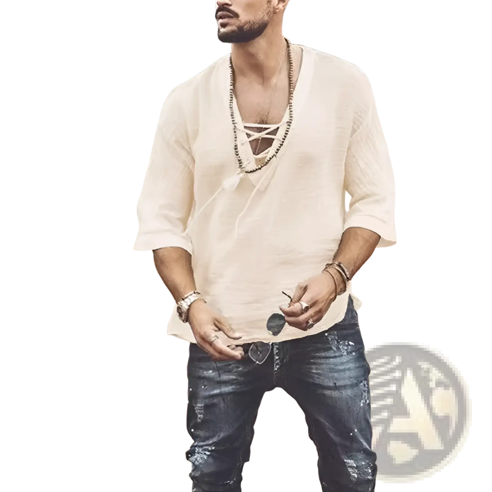 A cream-colored textured linen v neck shirt featuring a loose fit and lace up front detail
