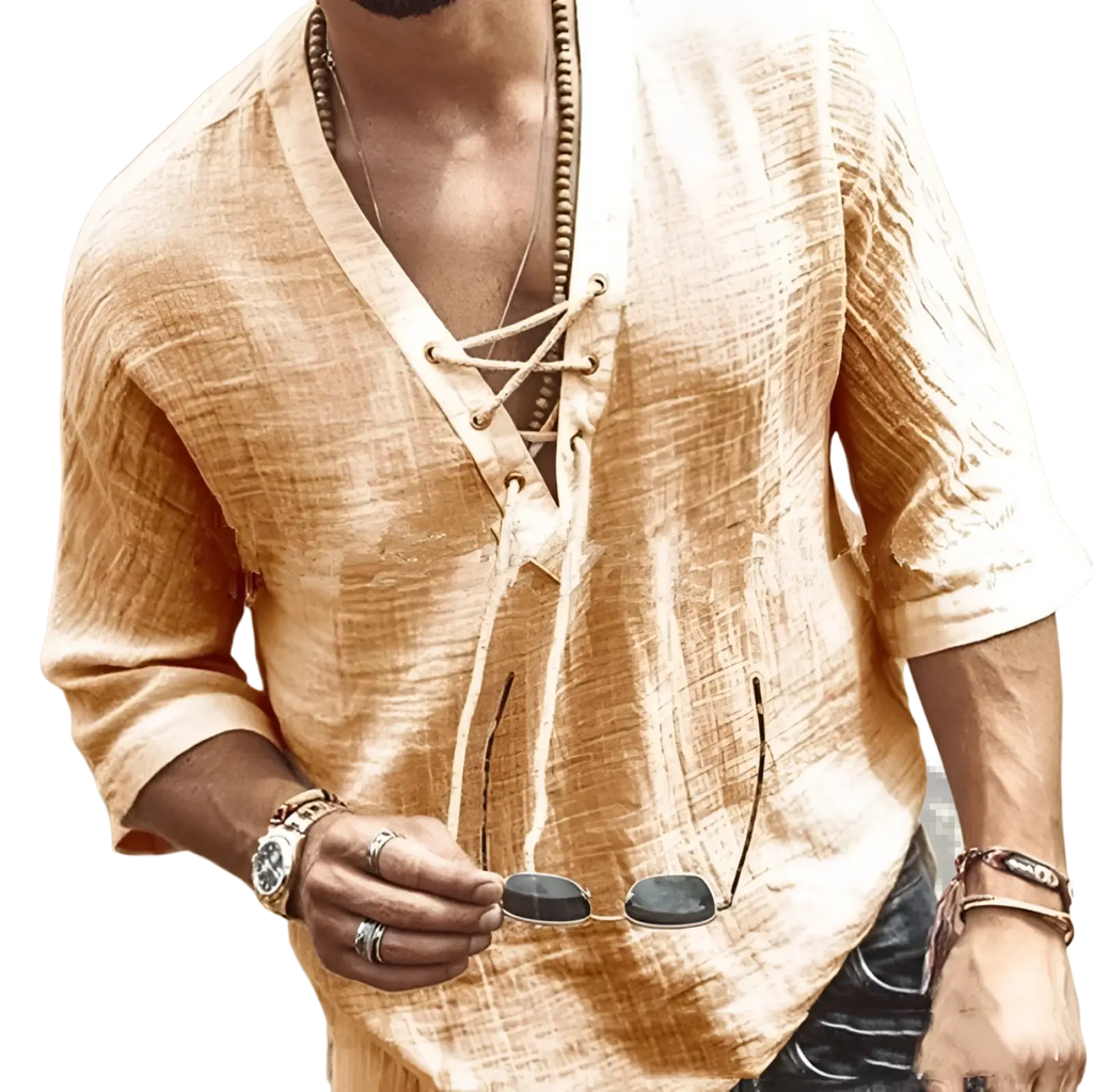 A light beige textured linen shirt with a v-neck and lace-up front detail for casual wear