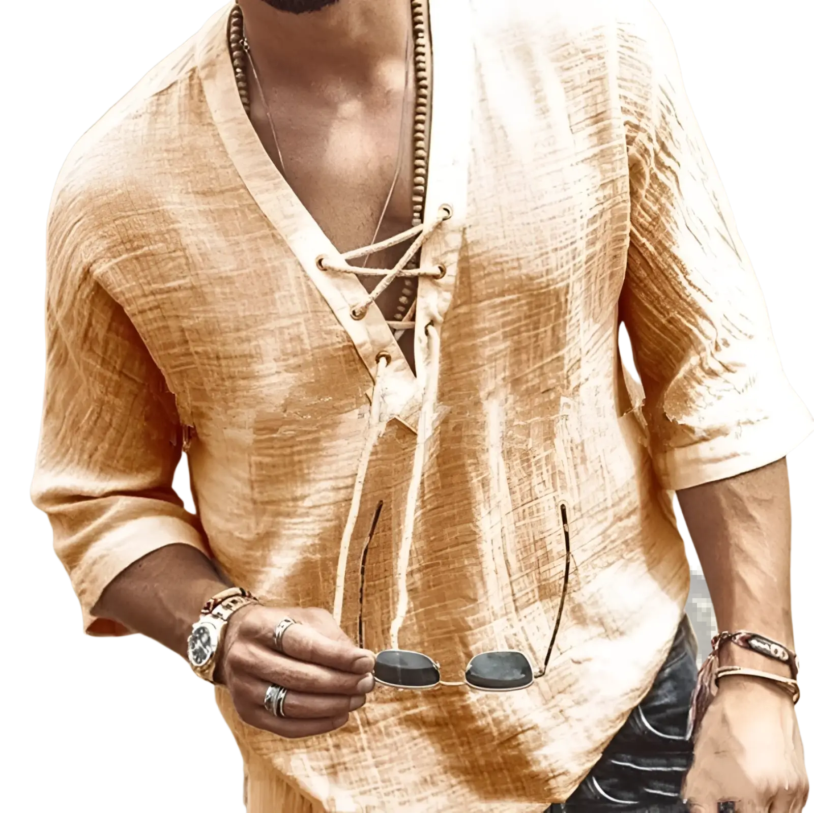 A light beige textured linen shirt with a v-neck and lace-up front detail for casual wear