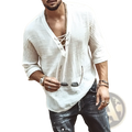 White linen v-neck shirt with lace-up front and rolled sleeves made from textured linen fabric