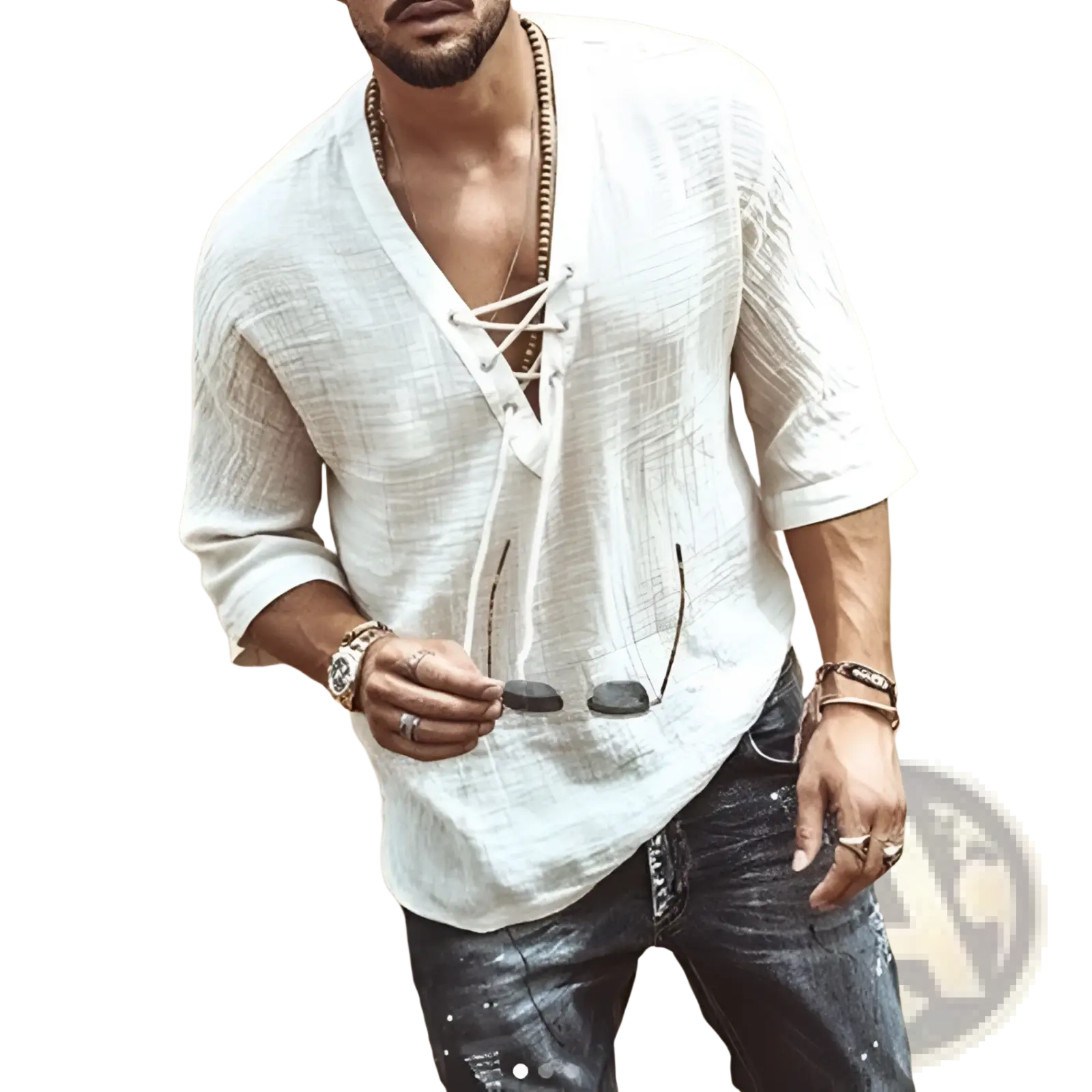 White linen v-neck shirt with lace-up front and rolled sleeves made from textured linen fabric