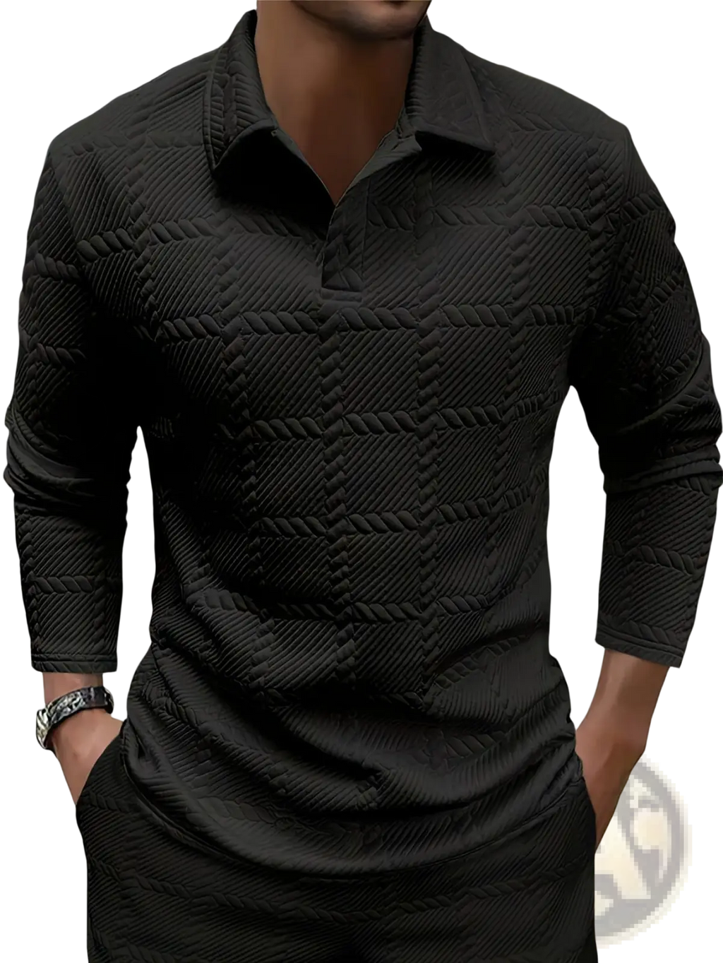 Black textured long sleeve polo shirt with subtle woven pattern ideal for casual and semi-formal wear