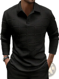Black textured long sleeve polo shirt with subtle woven pattern ideal for casual and semi-formal wear