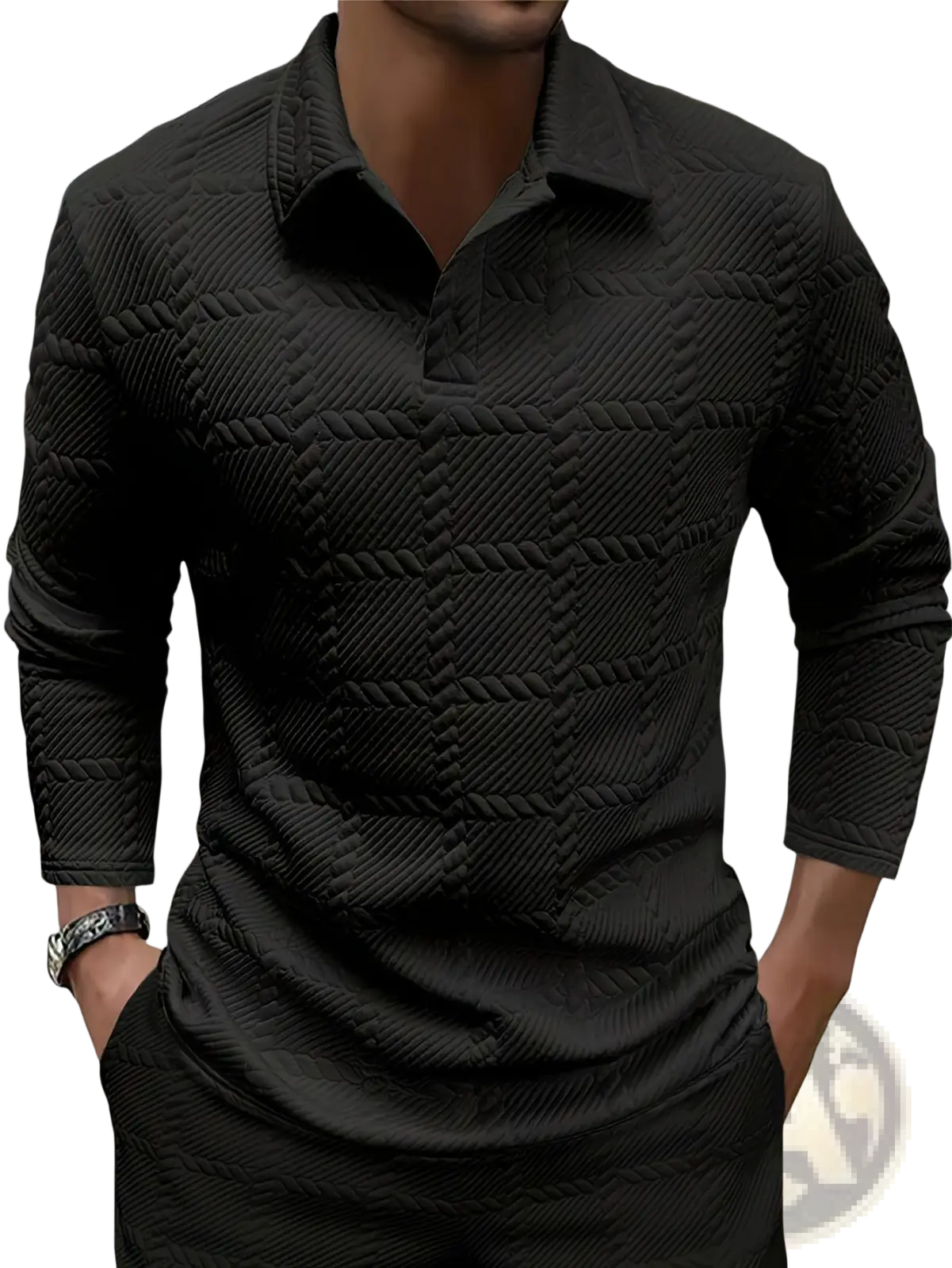 Black textured long sleeve polo shirt with subtle woven pattern ideal for casual and semi-formal wear