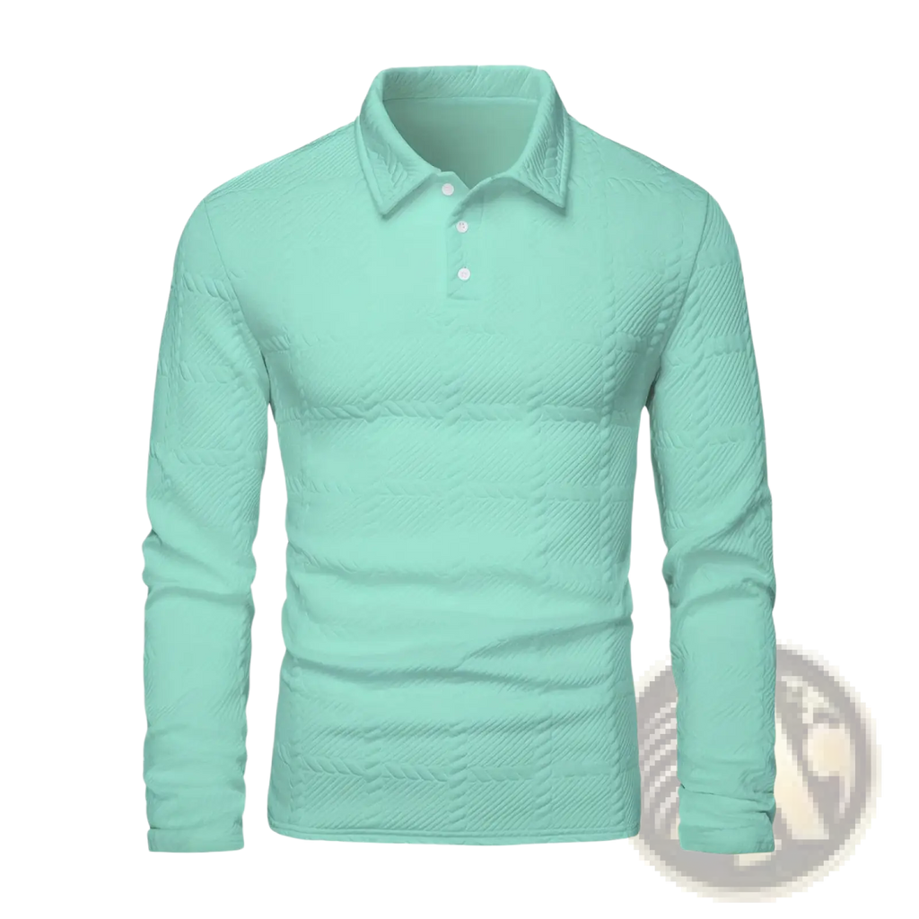 A mint green textured long sleeve polo shirt with cable knit pattern and white buttons for casual wear