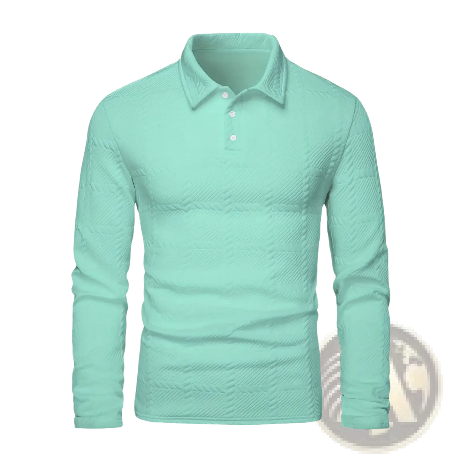 A mint green textured long sleeve polo shirt with cable knit pattern and white buttons for casual wear