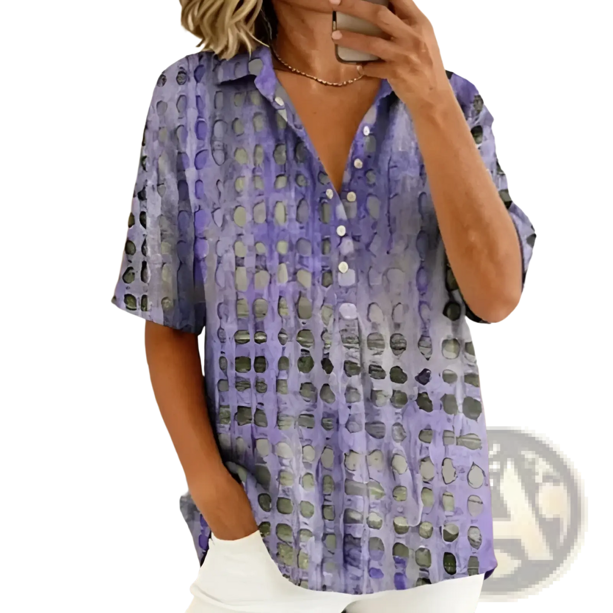 A lavender textured short sleeve button down pullover shirt with gray and black oval patterns
