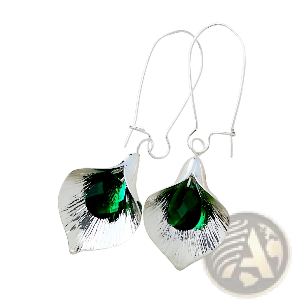 Textured silver orchid crystal drop earrings with vibrant green crystal center and intricately textured metallic leaf design