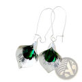 Textured silver orchid crystal drop earrings with vibrant green crystal center and intricately textured metallic leaf design