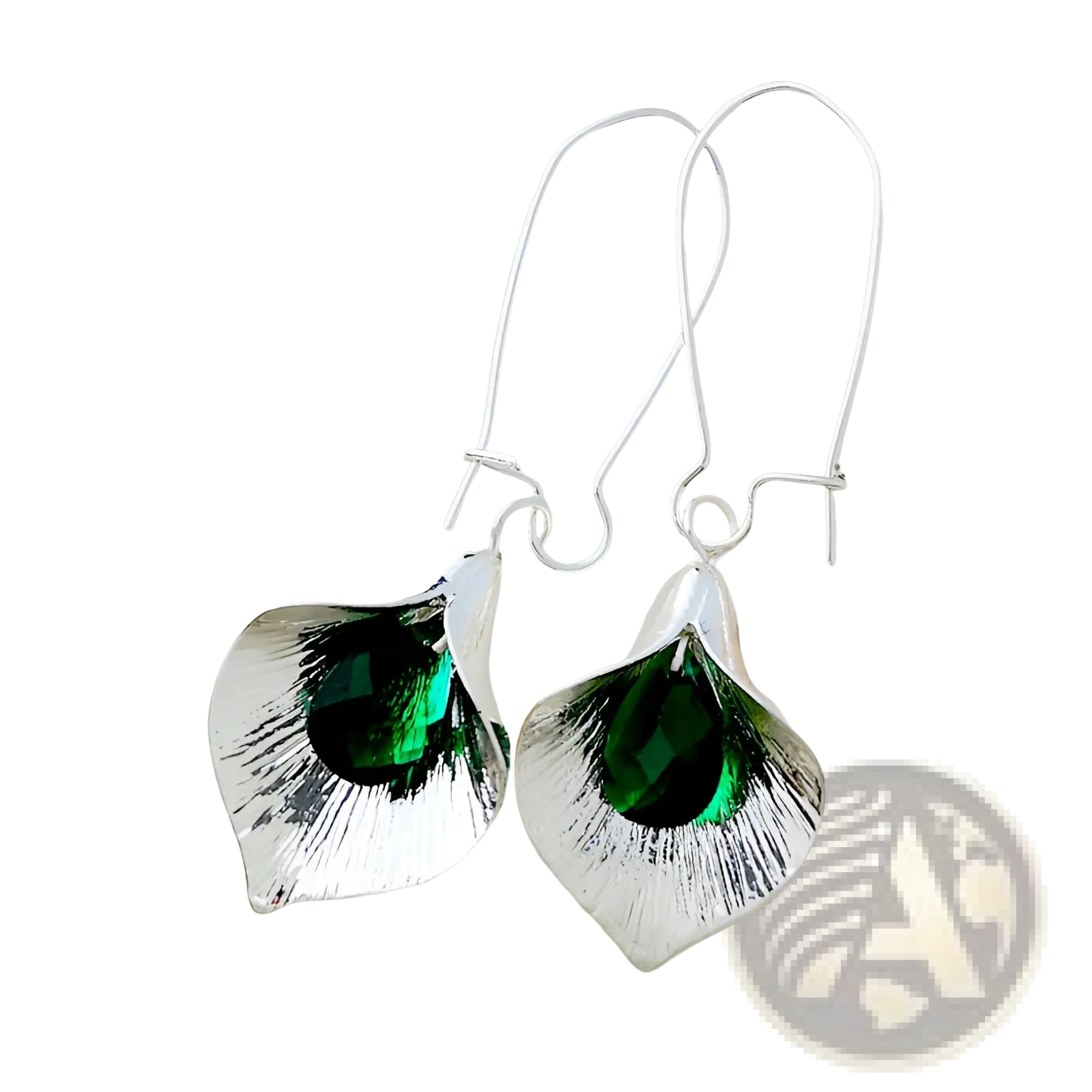 Textured silver orchid crystal drop earrings with vibrant green crystal center and intricately textured metallic leaf design