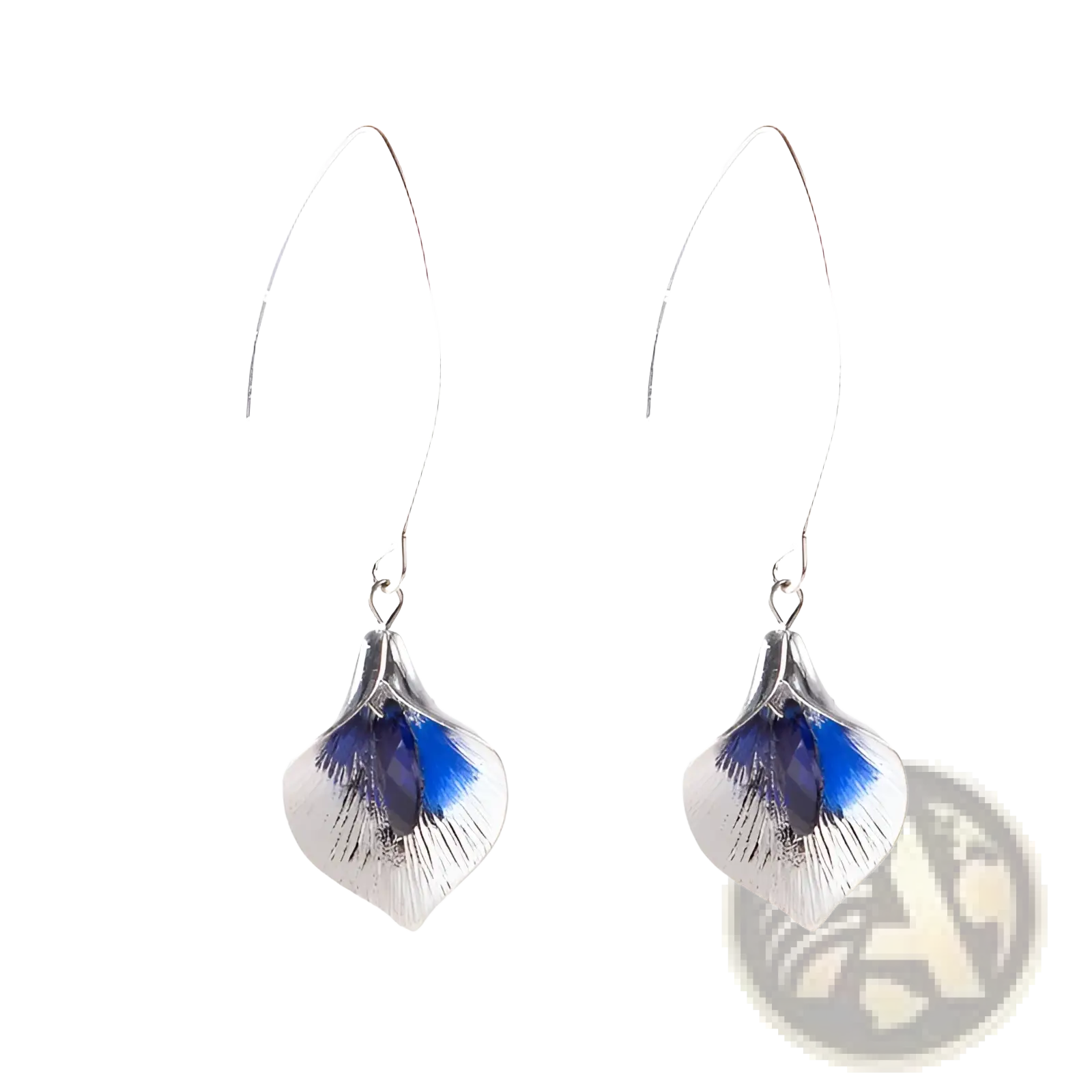 Textured silver orchid crystal drop earrings with delicate leaf-shaped pendants featuring blue enamel centers