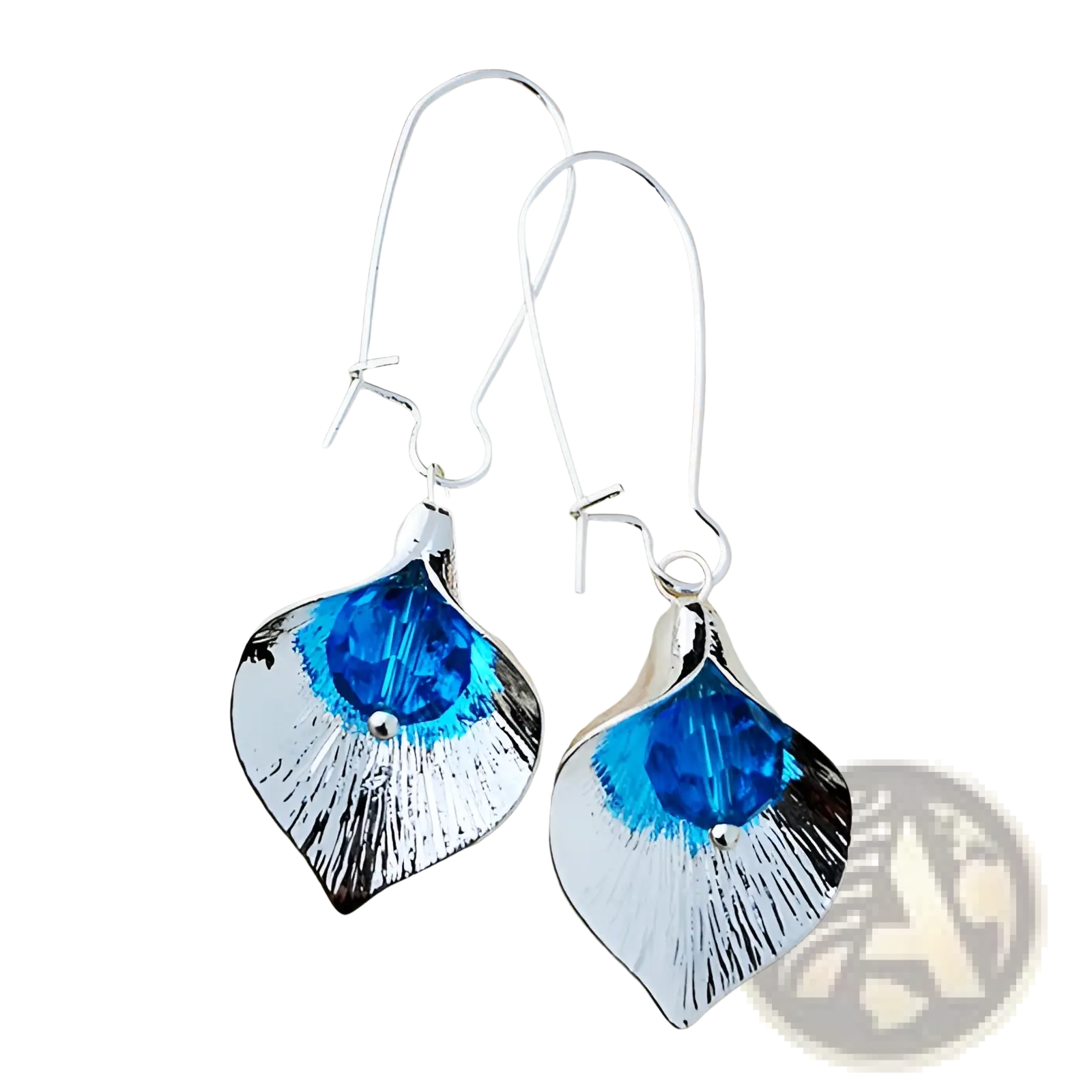 Textured silver orchid crystal drop earrings featuring silver leaf shapes with vibrant blue crystals and brushed metallic finish