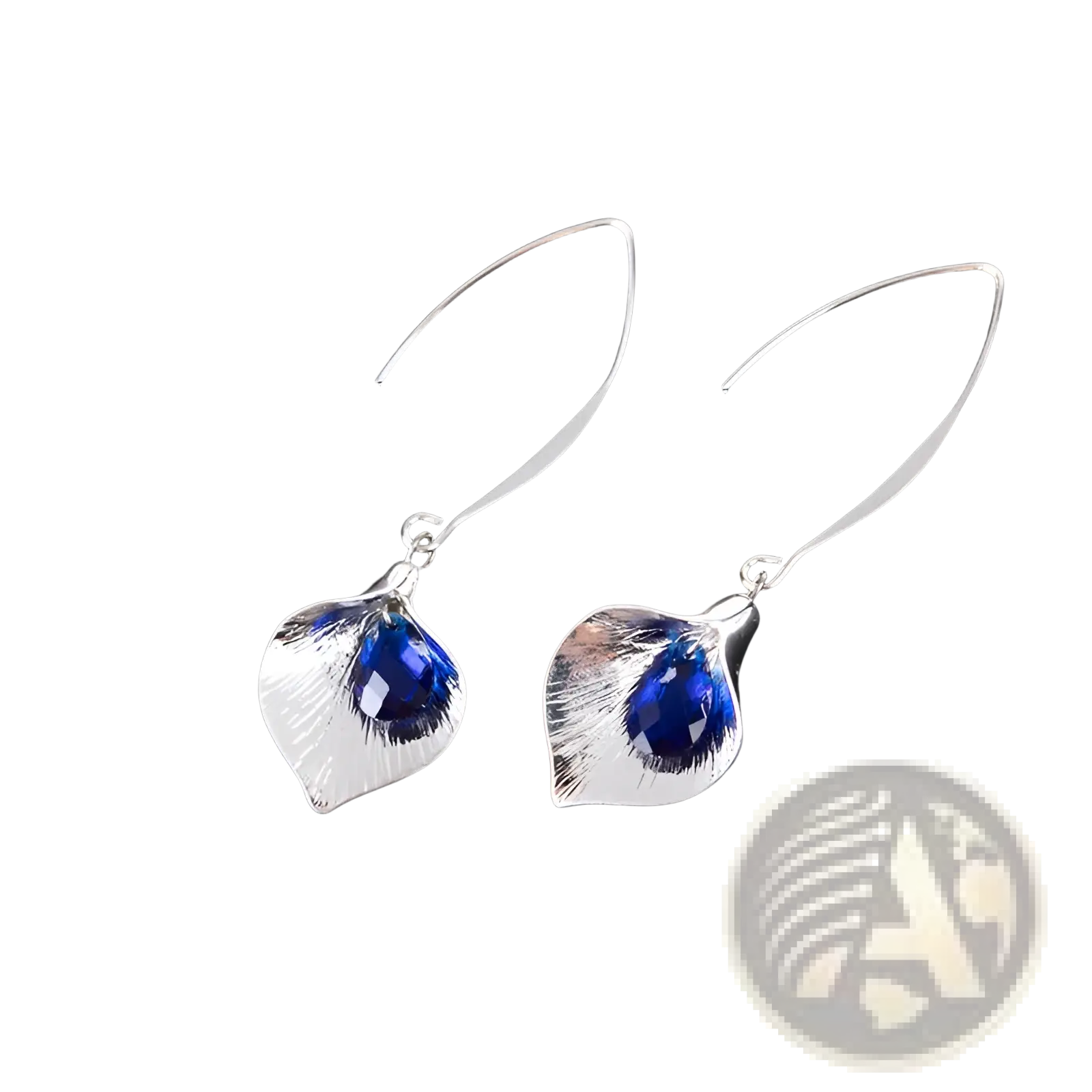 Textured silver orchid crystal drop earrings shaped like leaves with a central blue gemstone and metallic finish