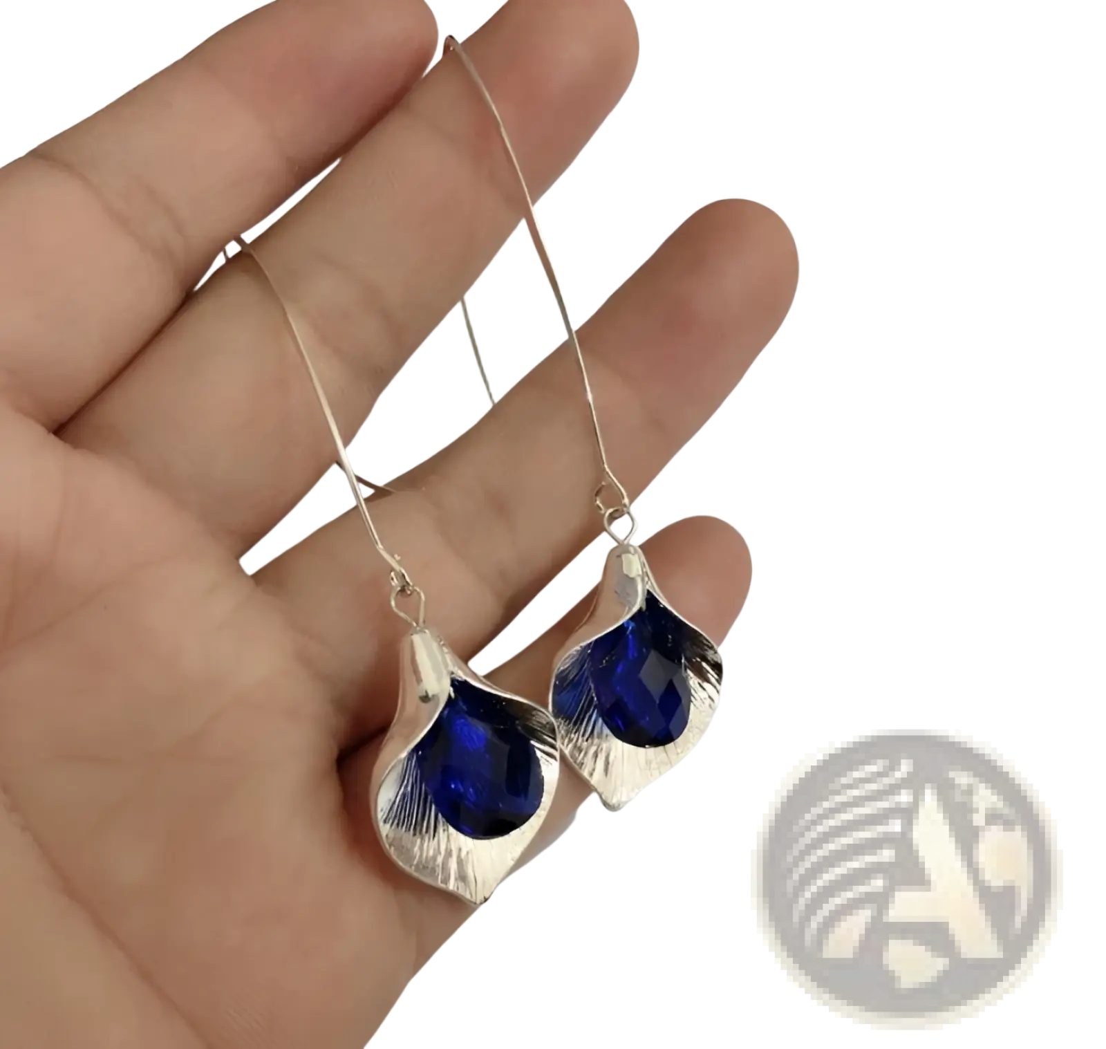 Elegant textured silver orchid crystal drop earrings with silver leaf shapes and deep blue faceted stones