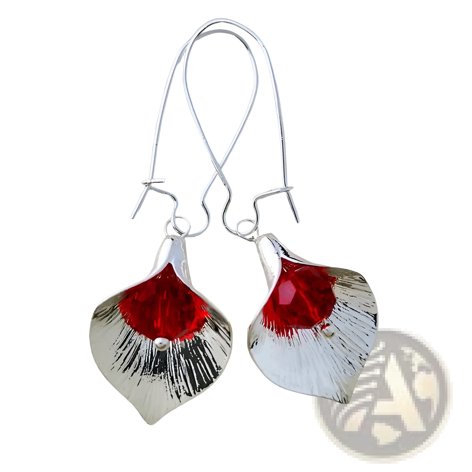 Elegant textured silver orchid crystal drop earrings featuring leaf shapes with red crystal centers and brushed finish