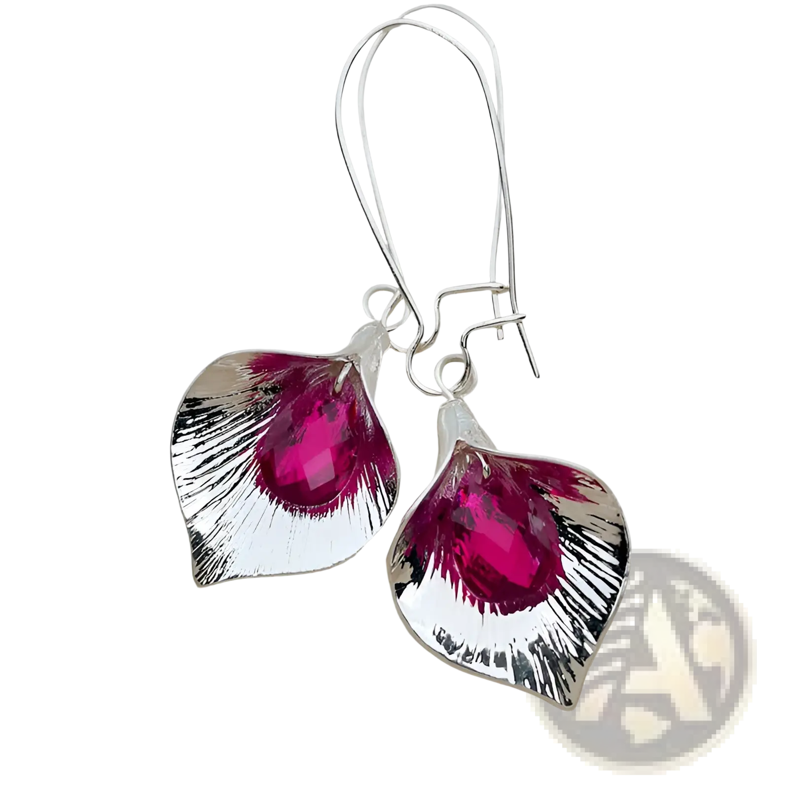 Textured silver orchid crystal drop earrings featuring silver leaf design with vibrant pink crystal center and brushed metal detailing