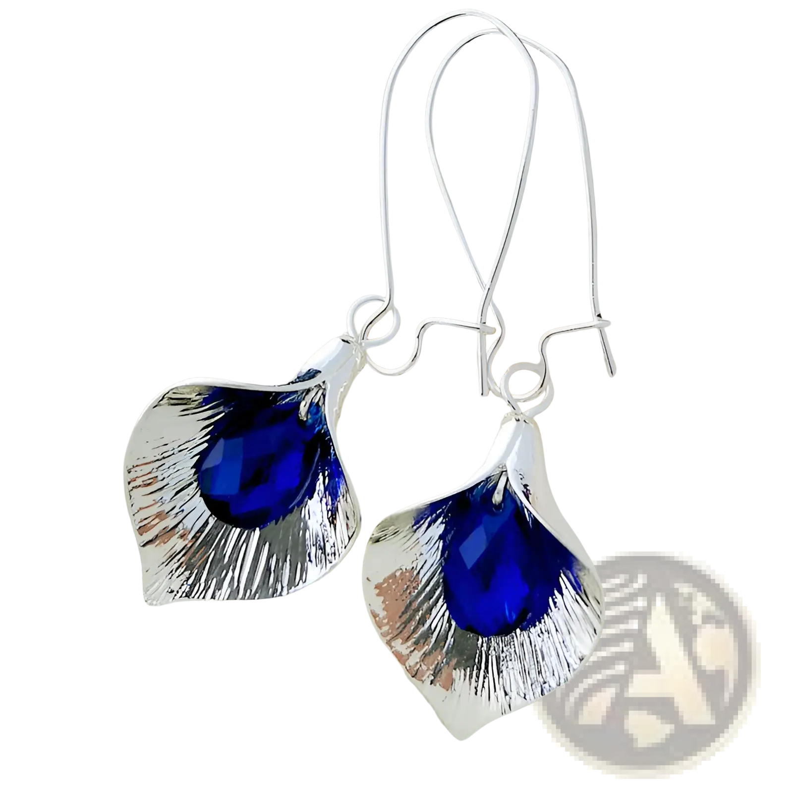 Textured silver orchid crystal drop earrings with silver leaf design and deep blue faceted stones in brushed metal