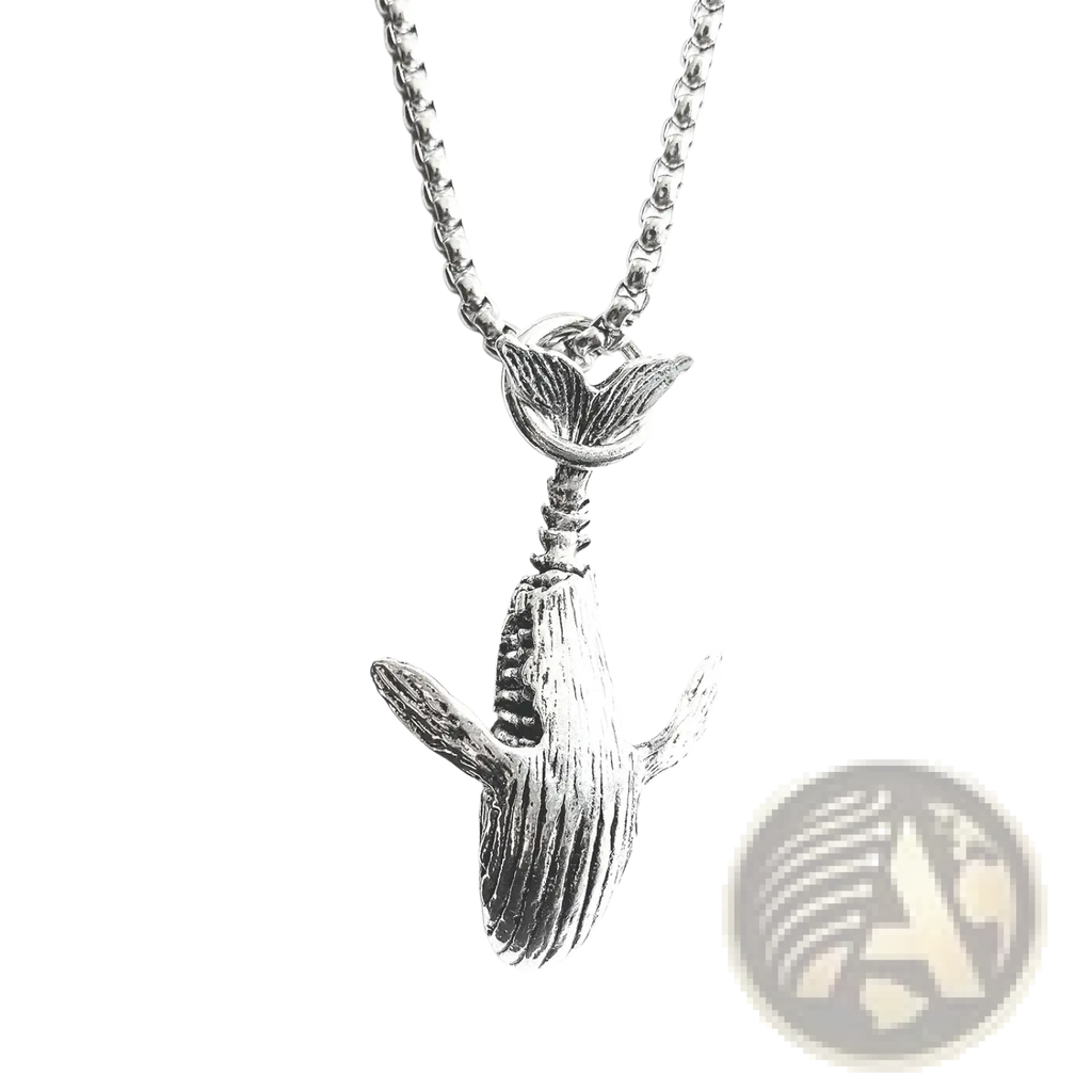 Textured silver whale pendant necklace in titanium steel with detailed design and chain for hip hop style