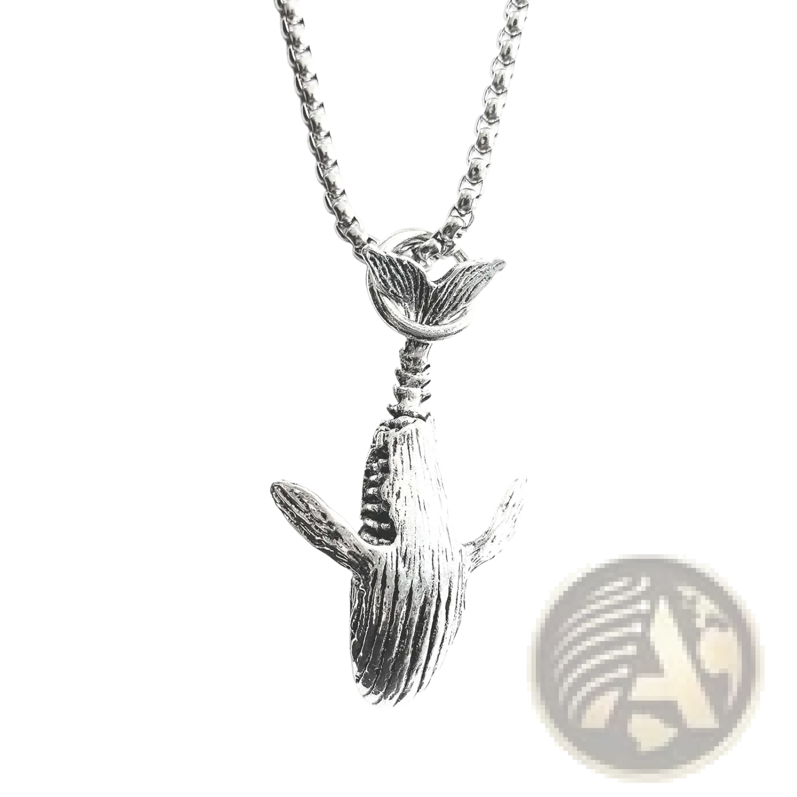 Textured silver whale pendant necklace in titanium steel with detailed design and chain for hip hop style