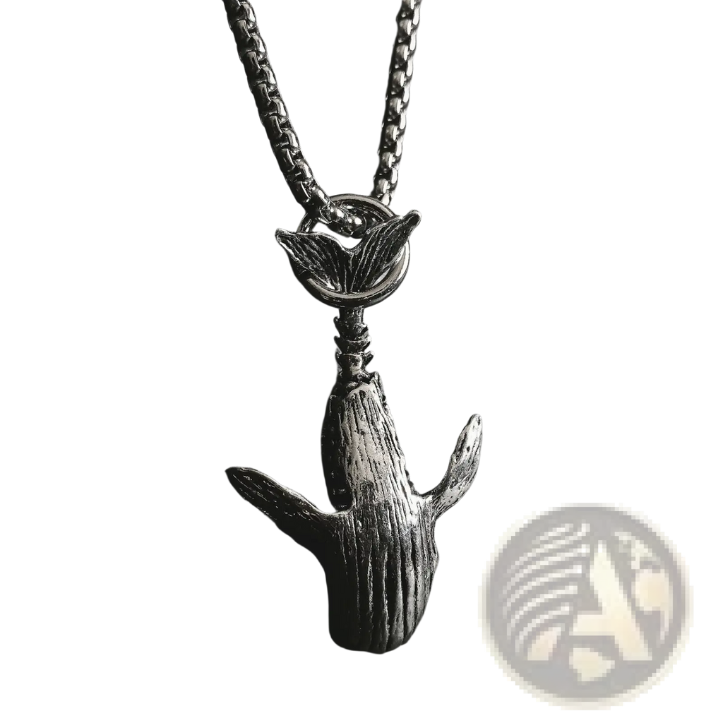 Silver-toned textured whale pendant hip hop necklace made of titanium steel with detailed surface and chain