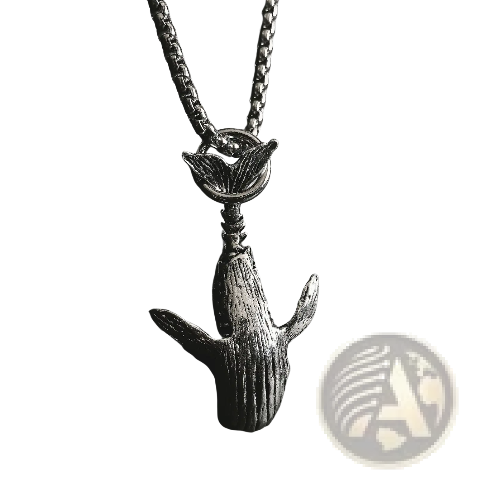 Silver-toned textured whale pendant hip hop necklace made of titanium steel with detailed surface and chain