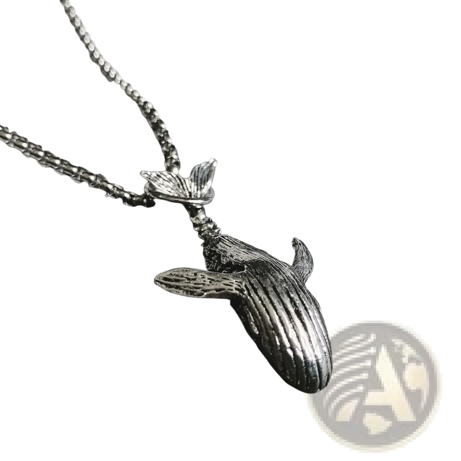 Silver whale-shaped titanium steel pendant necklace with detailed ridged texture and matching chain for hip hop style