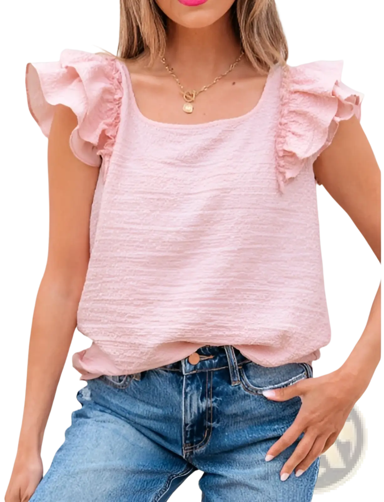 Pink textured square neck butterfly sleeve blouse with ruffled sleeves made from lightweight fabric