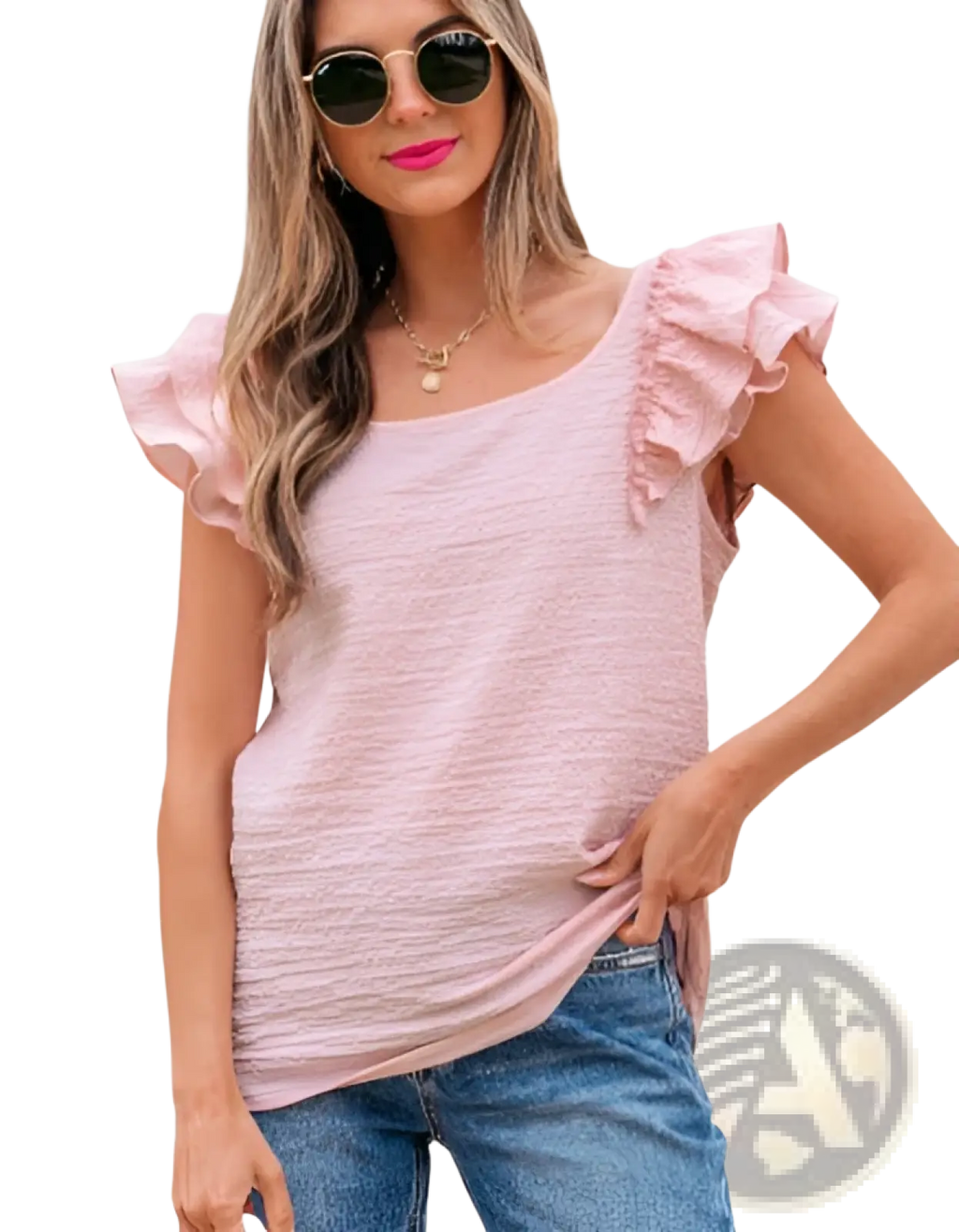 Pink textured fabric blouse with square neckline and ruffled butterfly sleeves for elegant casual wear
