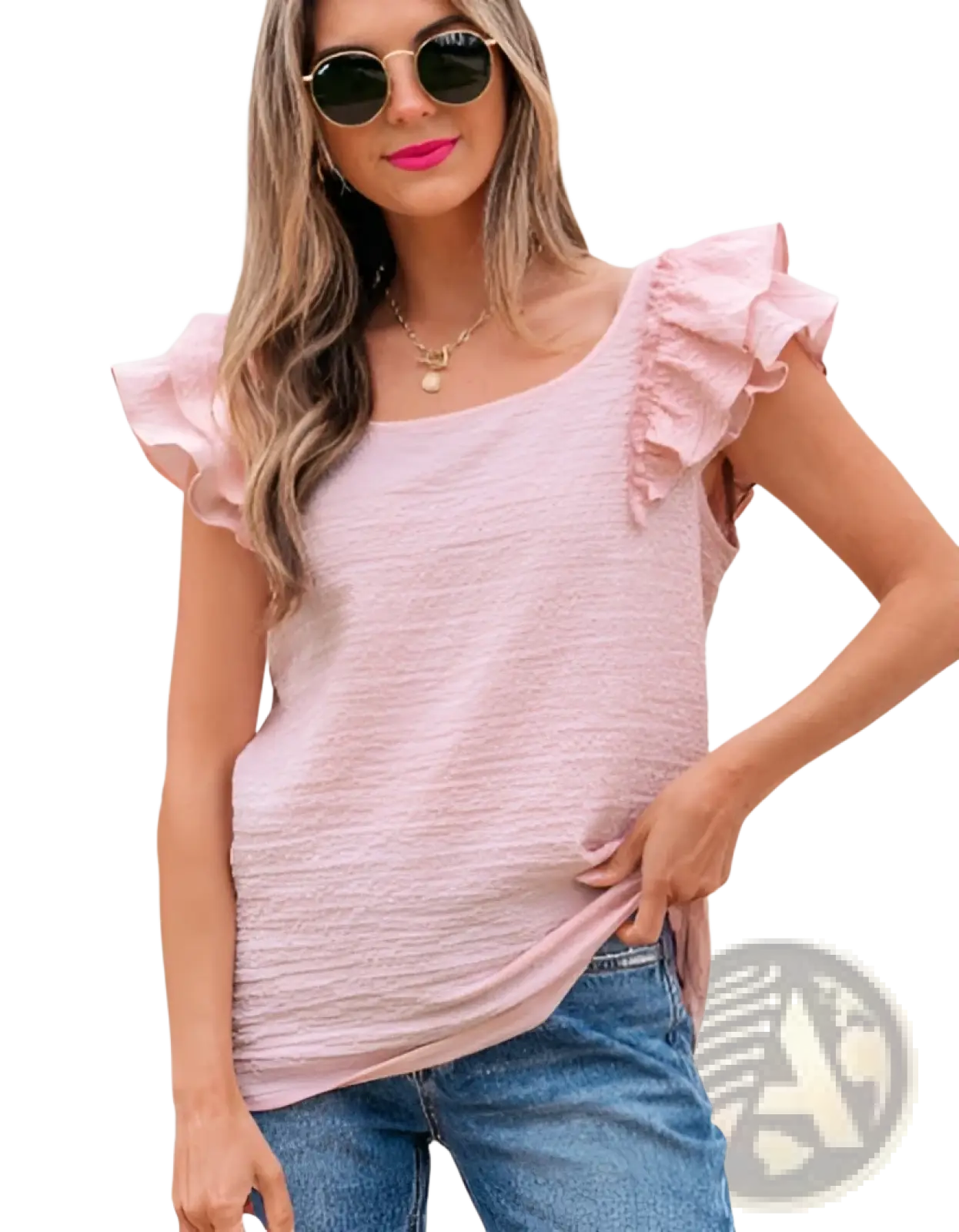 Pink textured fabric blouse with square neckline and ruffled butterfly sleeves for elegant casual wear