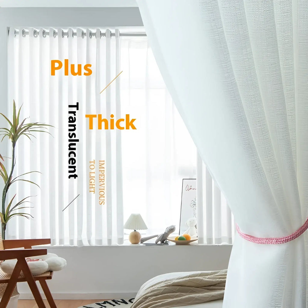 White translucent textured sunscreen linen curtains for home gathered at the bottom with a pink braided tie
