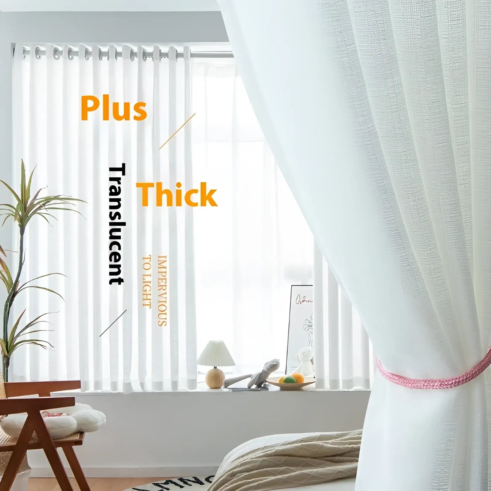 White translucent textured sunscreen linen curtains for home gathered at the bottom with a pink braided tie
