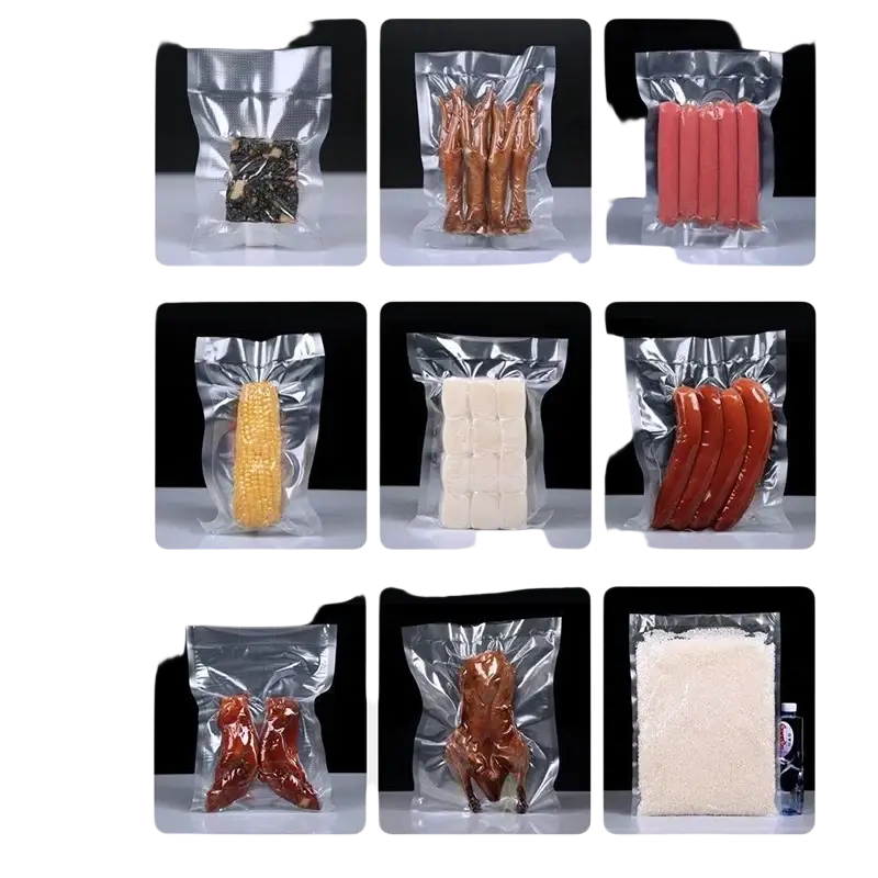 Clear textured vacuum bags 12x20cm in various sizes holding sausages chicken feet corn rice cake and roasted duck
