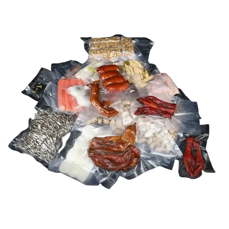 A collection of vacuum-sealed food items in clear textured vacuum bags 12x20cm for food sealing 100pcs
