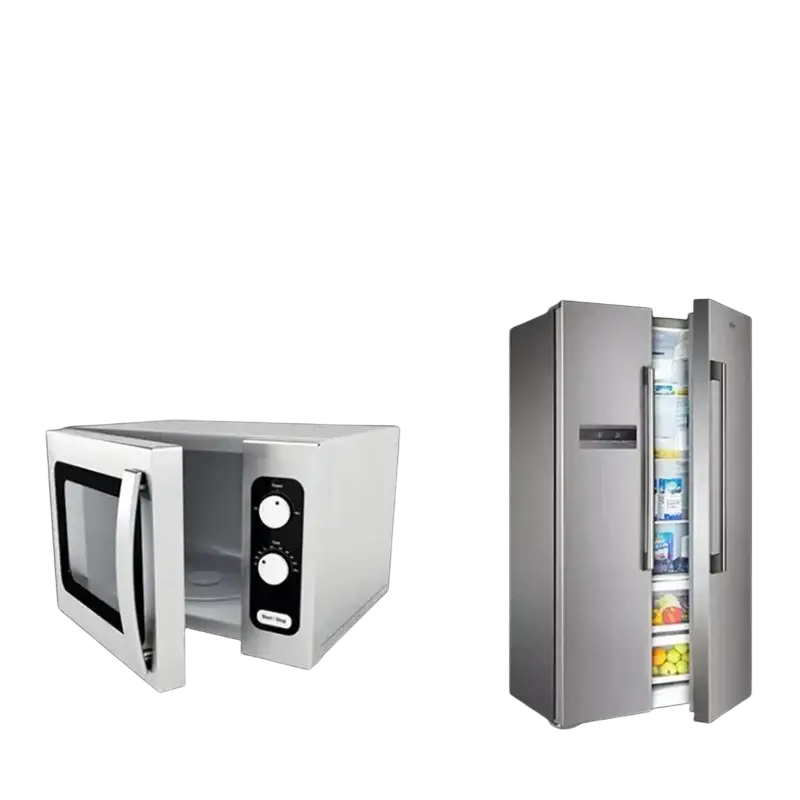 White microwave oven with black control panel next to stainless steel refrigerator highlighting textured vacuum bags 12x20cm