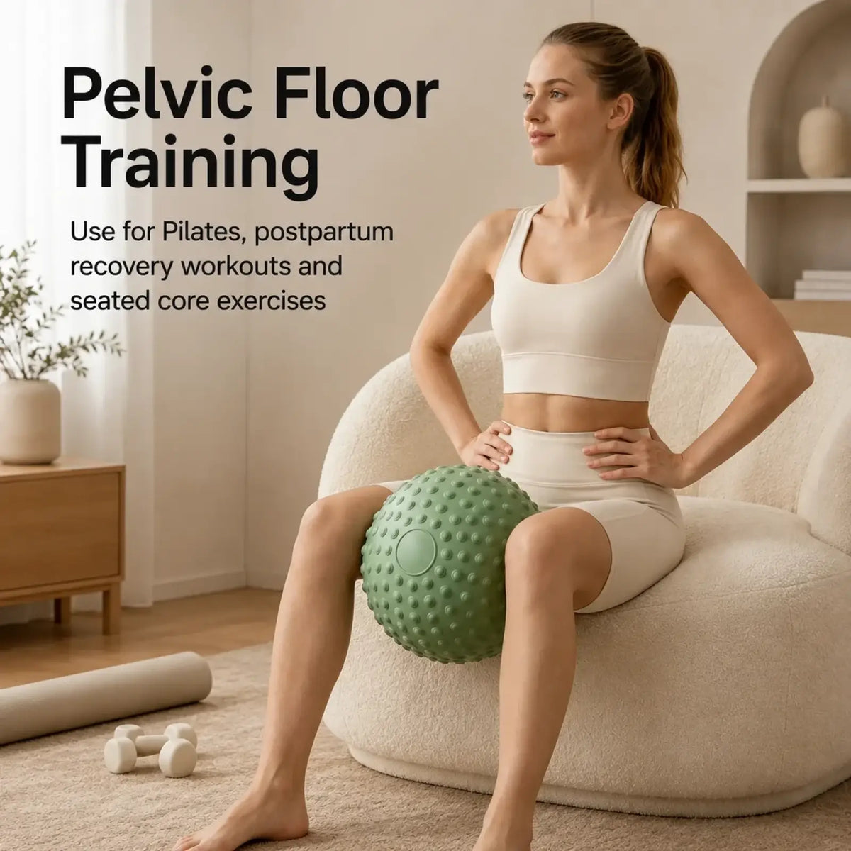 A green textured pelvic floor training ball with a smooth circular base for core and pelvic floor exercise