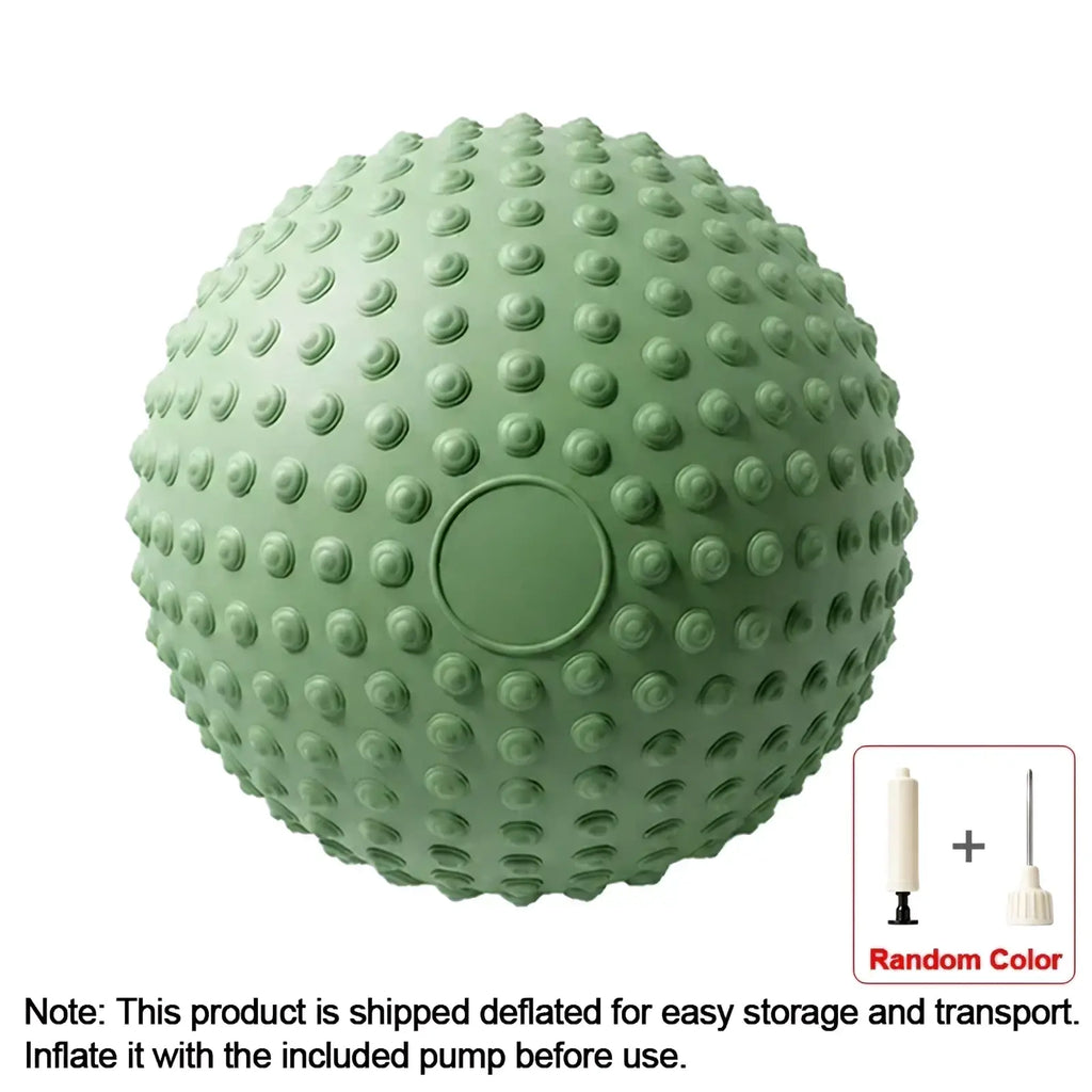 A matte sage green inflatable textured yoga exercise ball with raised bumps and a central valve for core and pelvic floor