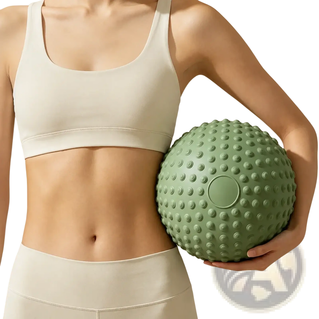 A matte sage green textured yoga exercise ball with a circular indentation for core and pelvic floor training