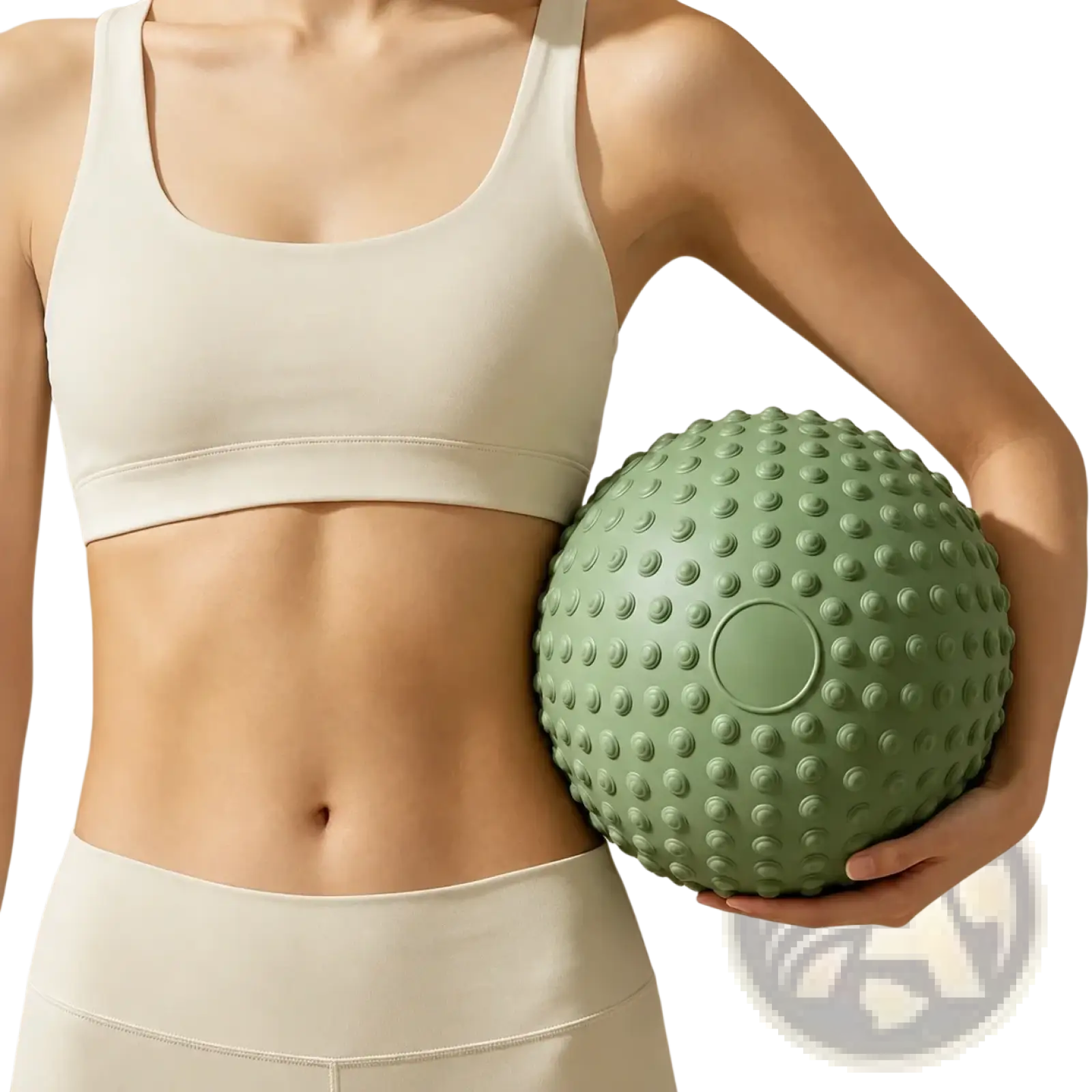 A matte sage green textured yoga exercise ball with a circular indentation for core and pelvic floor training