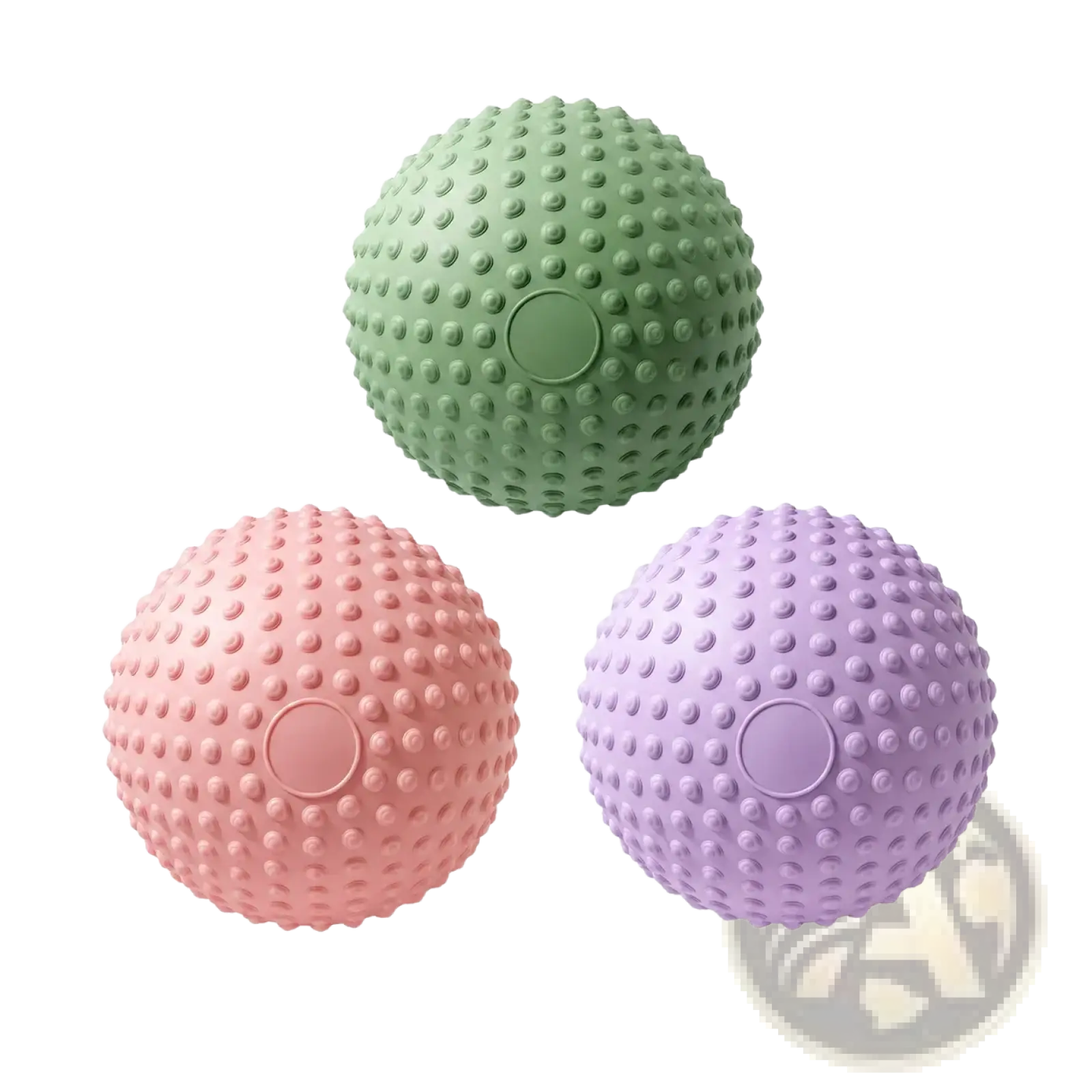 Three pastel-colored textured yoga exercise balls with raised bumps and smooth center for core and pelvic floor training