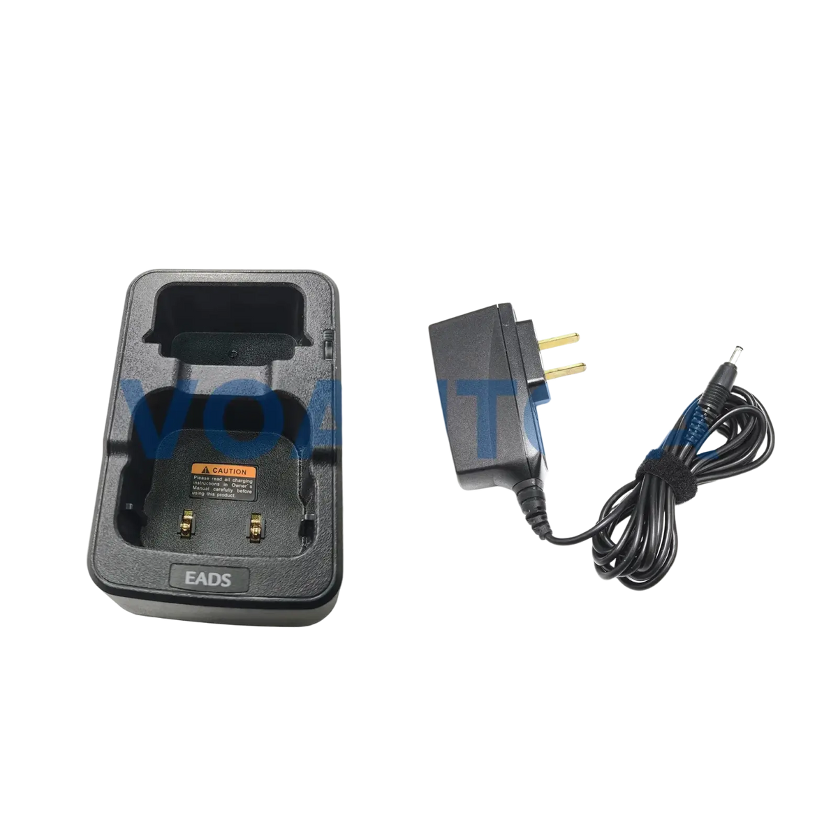 Black two-slot th1n th9 thr8 desktop charger with power adapter and coiled cable for Airbus eads radio