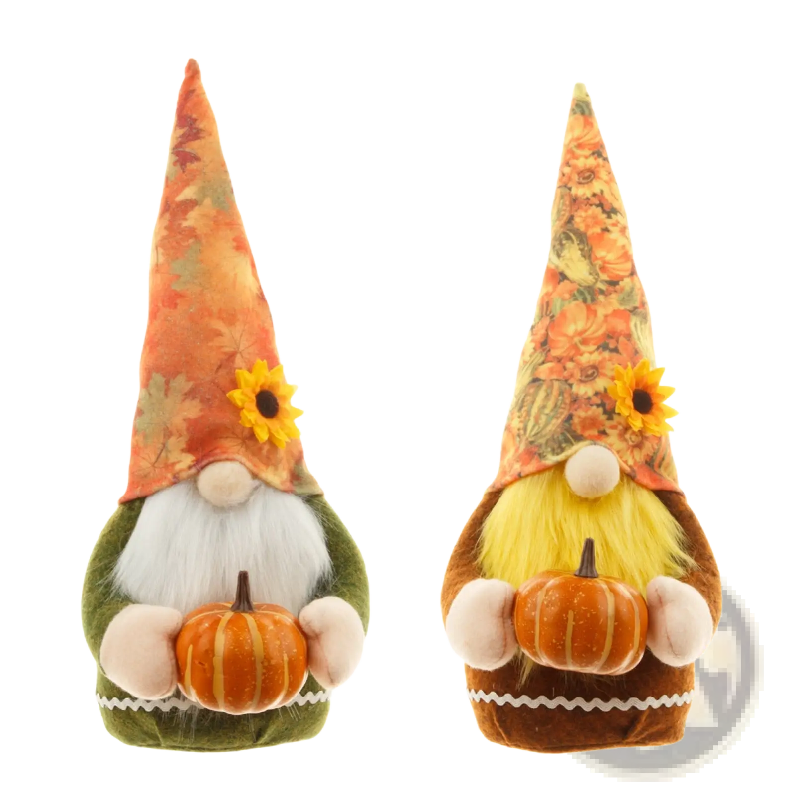 Two plush thanksgiving gnome dolls with autumn-themed hats holding pumpkins in green and brown colors