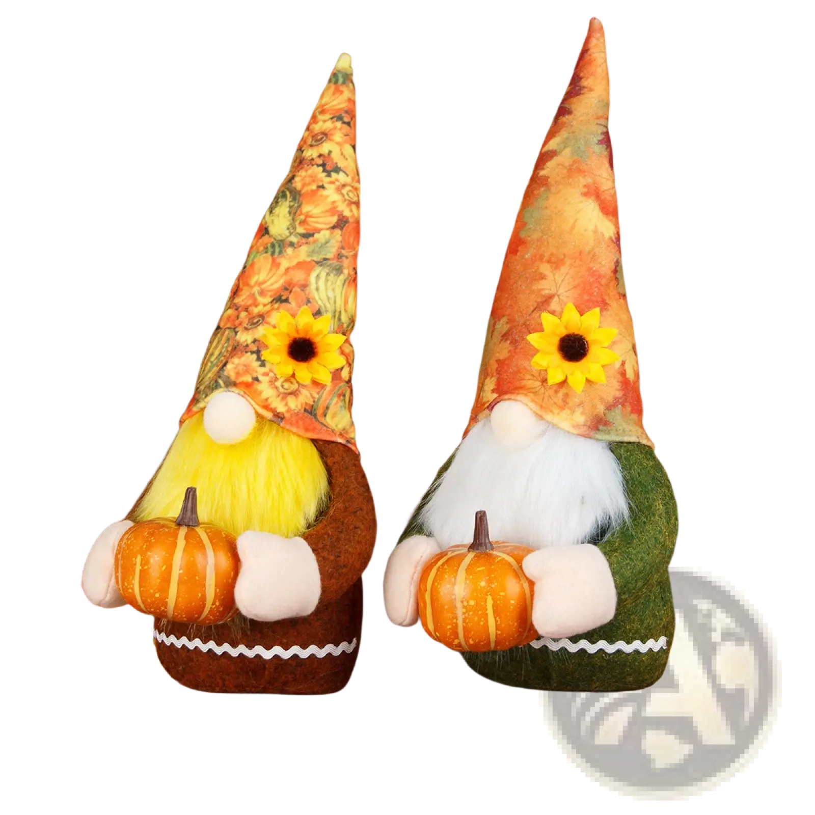 Thanksgiving gnome plush autumn pumpkin doll set with two felt gnomes in floral hats and yellow and white beards