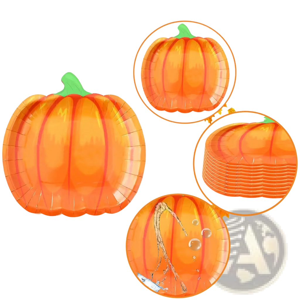Orange pumpkin-shaped disposable paper tray with green stem and realistic vivid design for thanksgiving tableware set