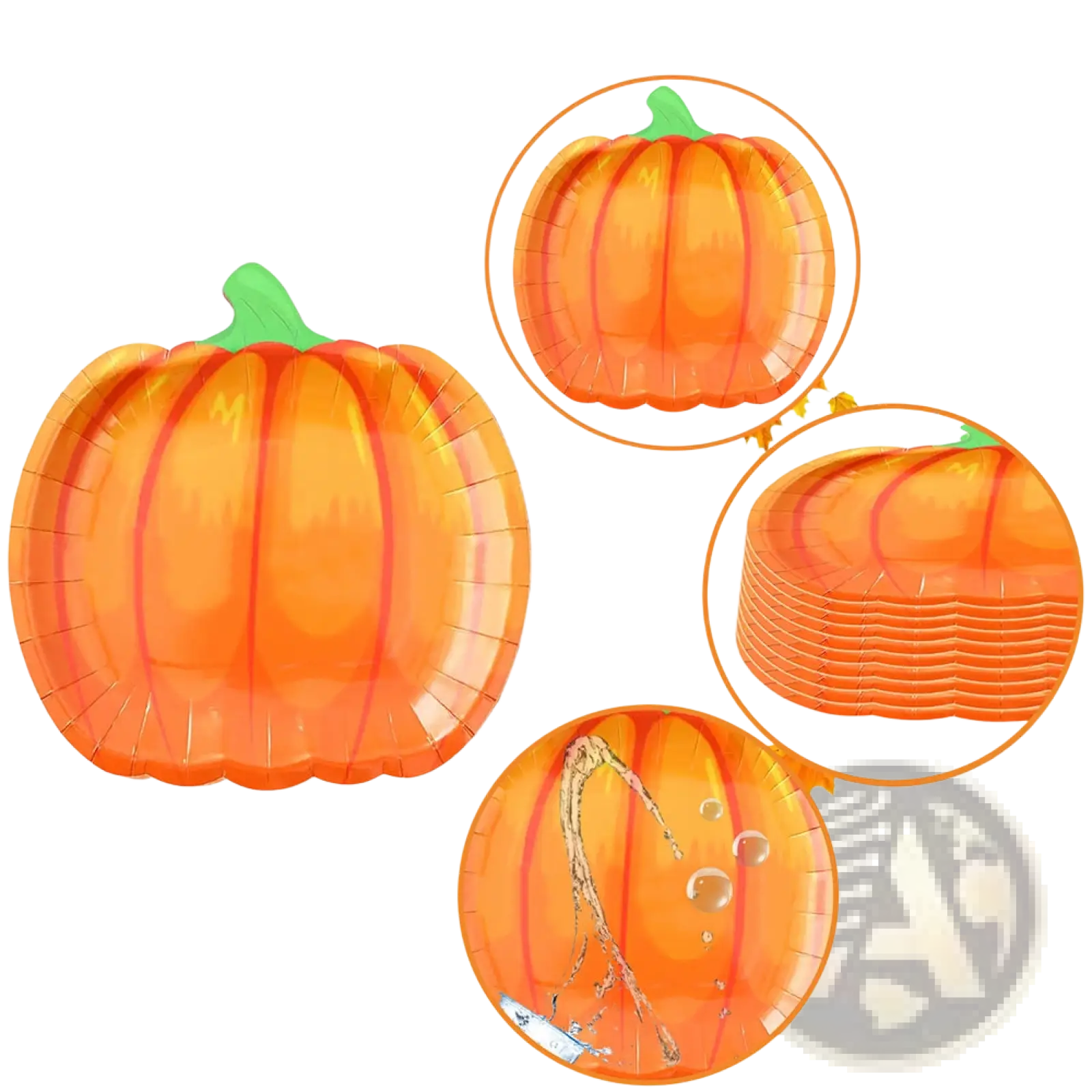 Orange pumpkin-shaped disposable paper tray with green stem and realistic vivid design for thanksgiving tableware set