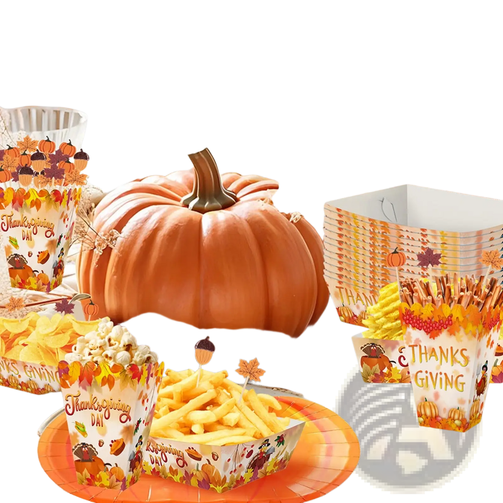 Orange paper thanksgiving-themed food containers with autumn leaf and pumpkin designs for festive tableware sets