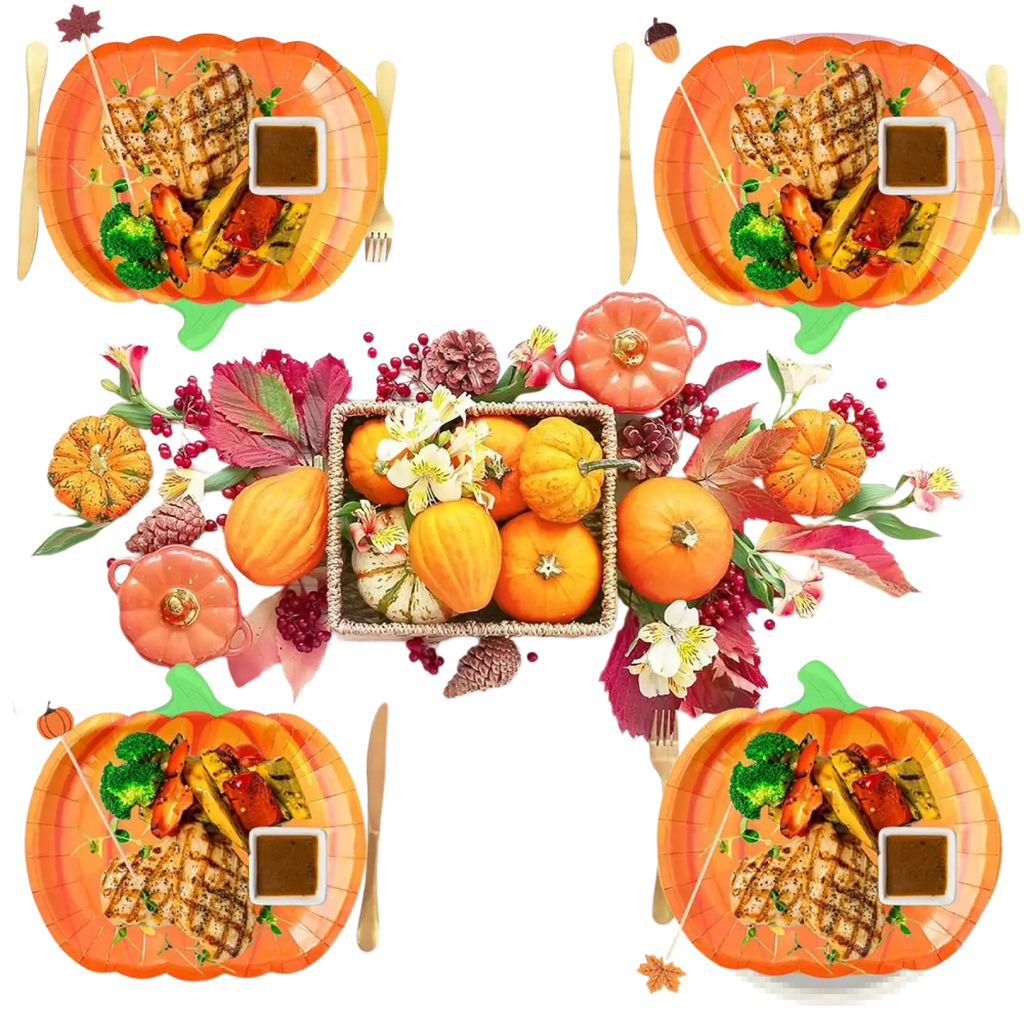 Thanksgiving pumpkin paper plates orange pumpkin-shaped with green stems scalloped edge disposable tableware set