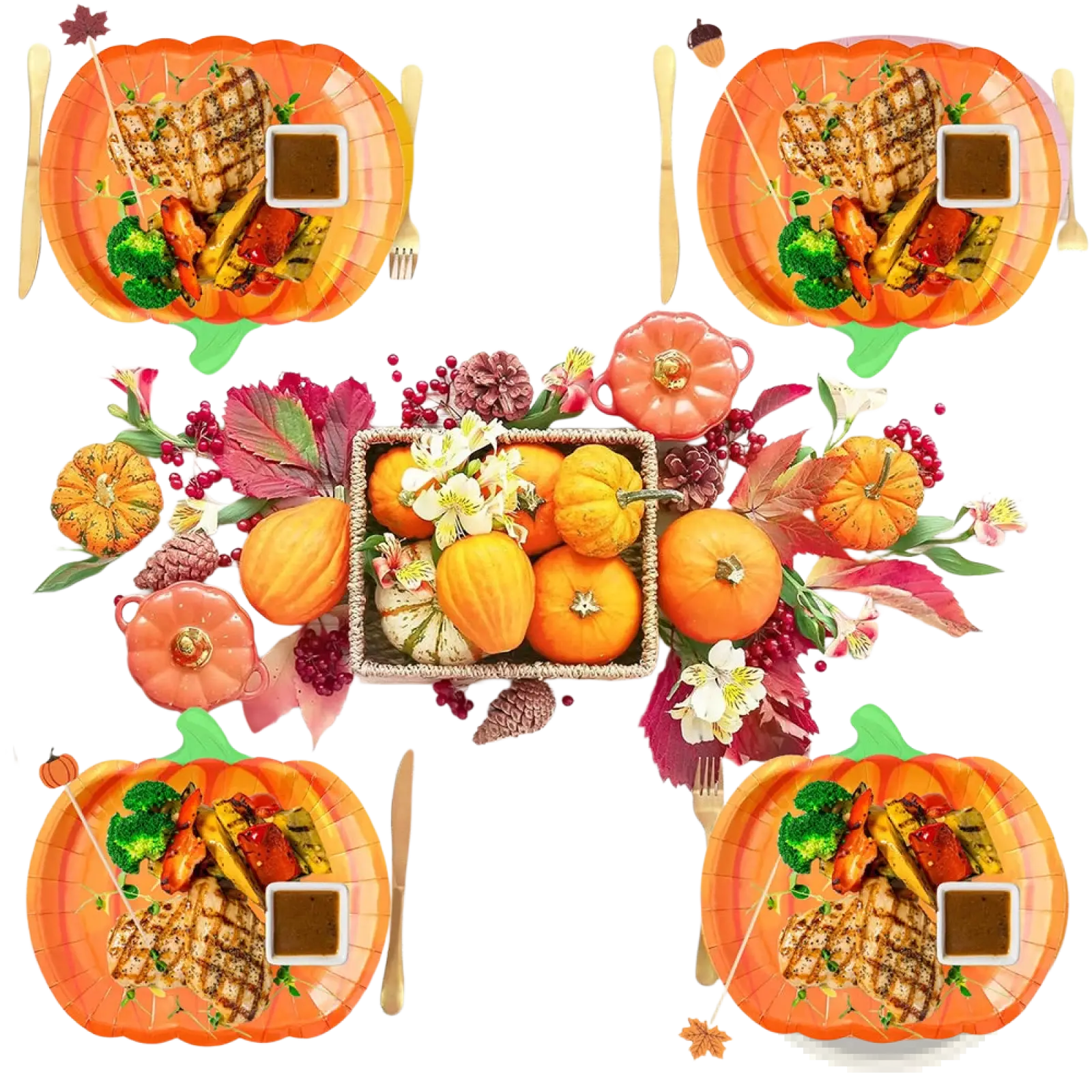 Thanksgiving pumpkin paper plates orange pumpkin-shaped with green stems scalloped edge disposable tableware set