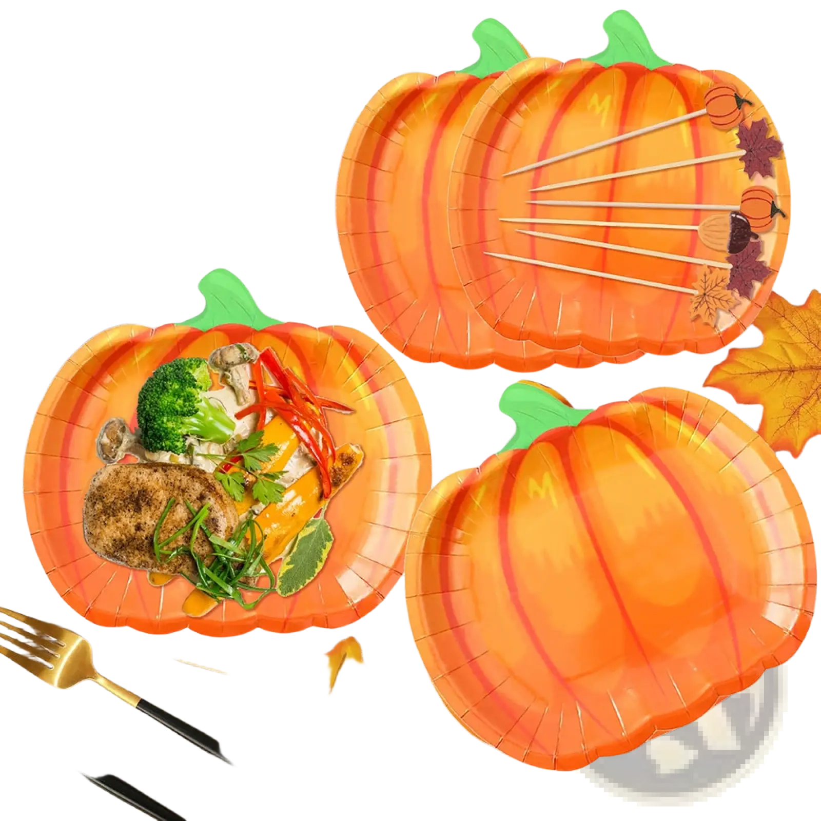 Thanksgiving pumpkin paper plates in orange paper with green stems and autumn leaf designs for festive tableware