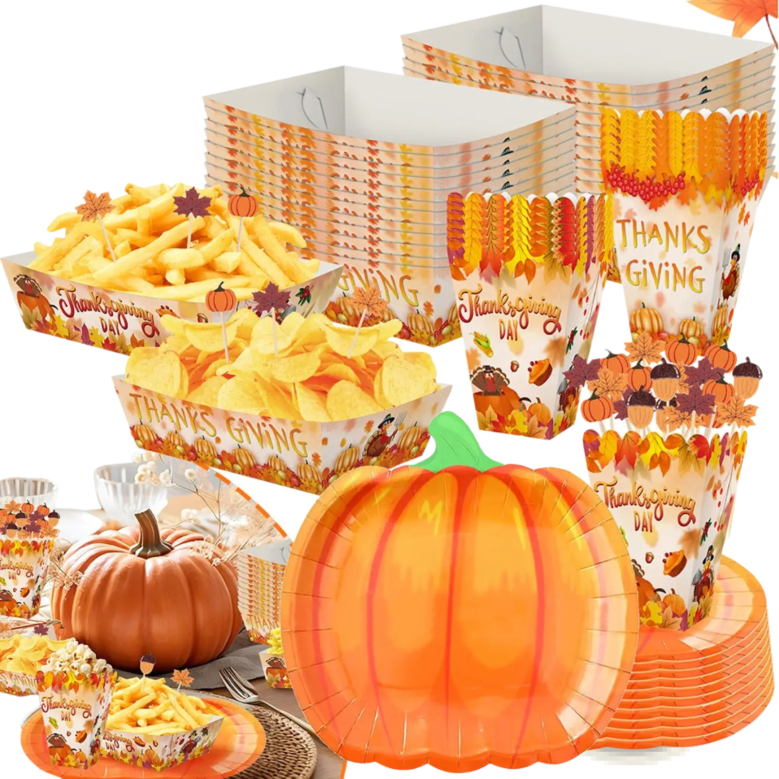 Orange pumpkin-shaped paper plates made of sturdy paper included in thanksgiving pumpkin paper plates and tableware set